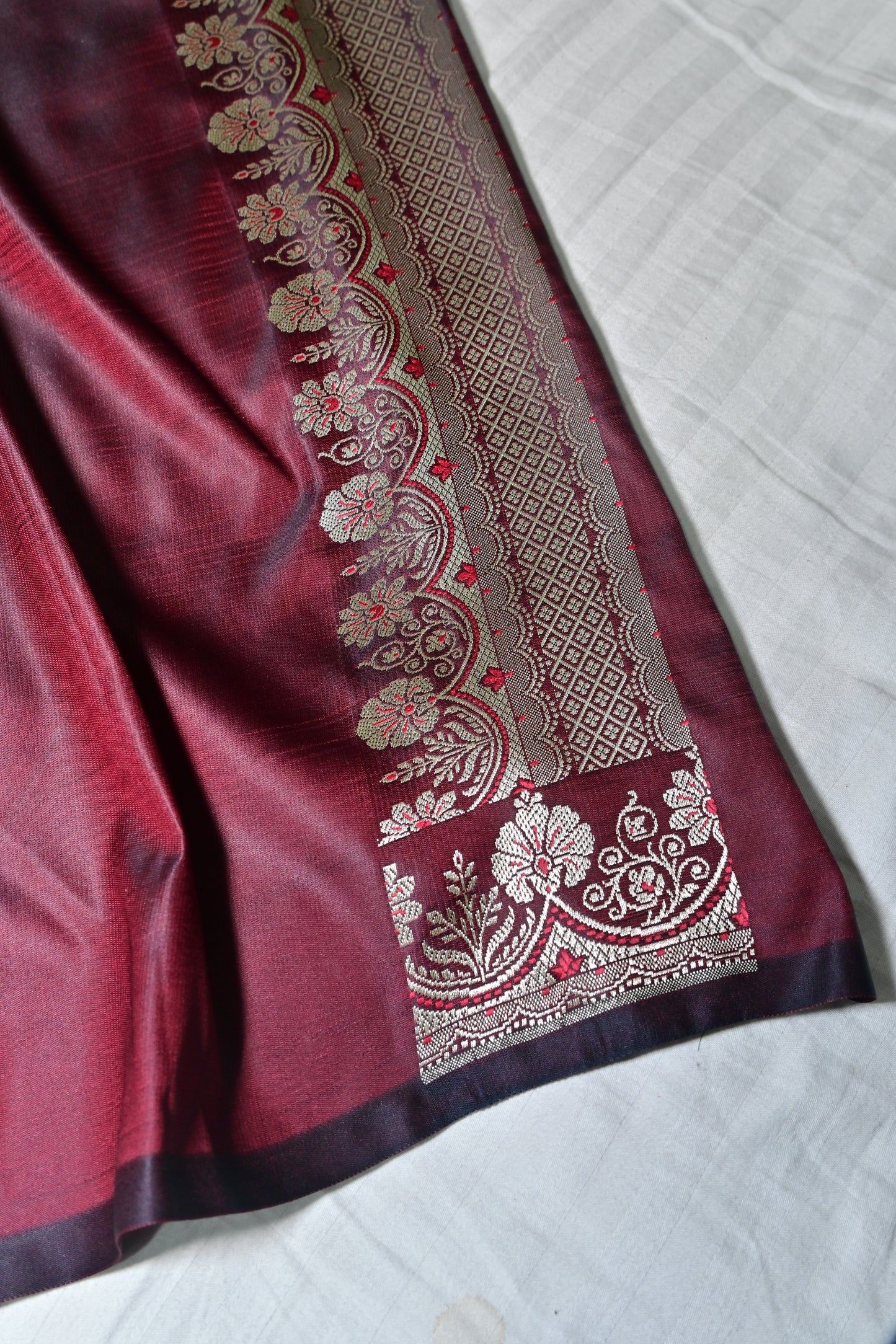 Premium Deep Wine Katan Banarasi Silk Saree with Silver Zari Floral Buta – Traditional Wedding & Festive Wear