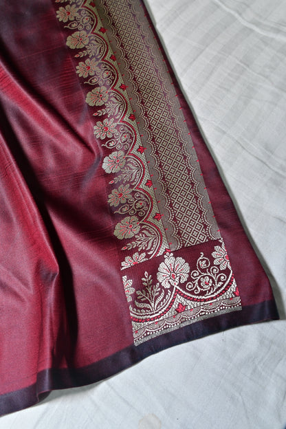 Premium Deep Wine Katan Banarasi Silk Saree with Silver Zari Floral Buta – Traditional Wedding & Festive Wear