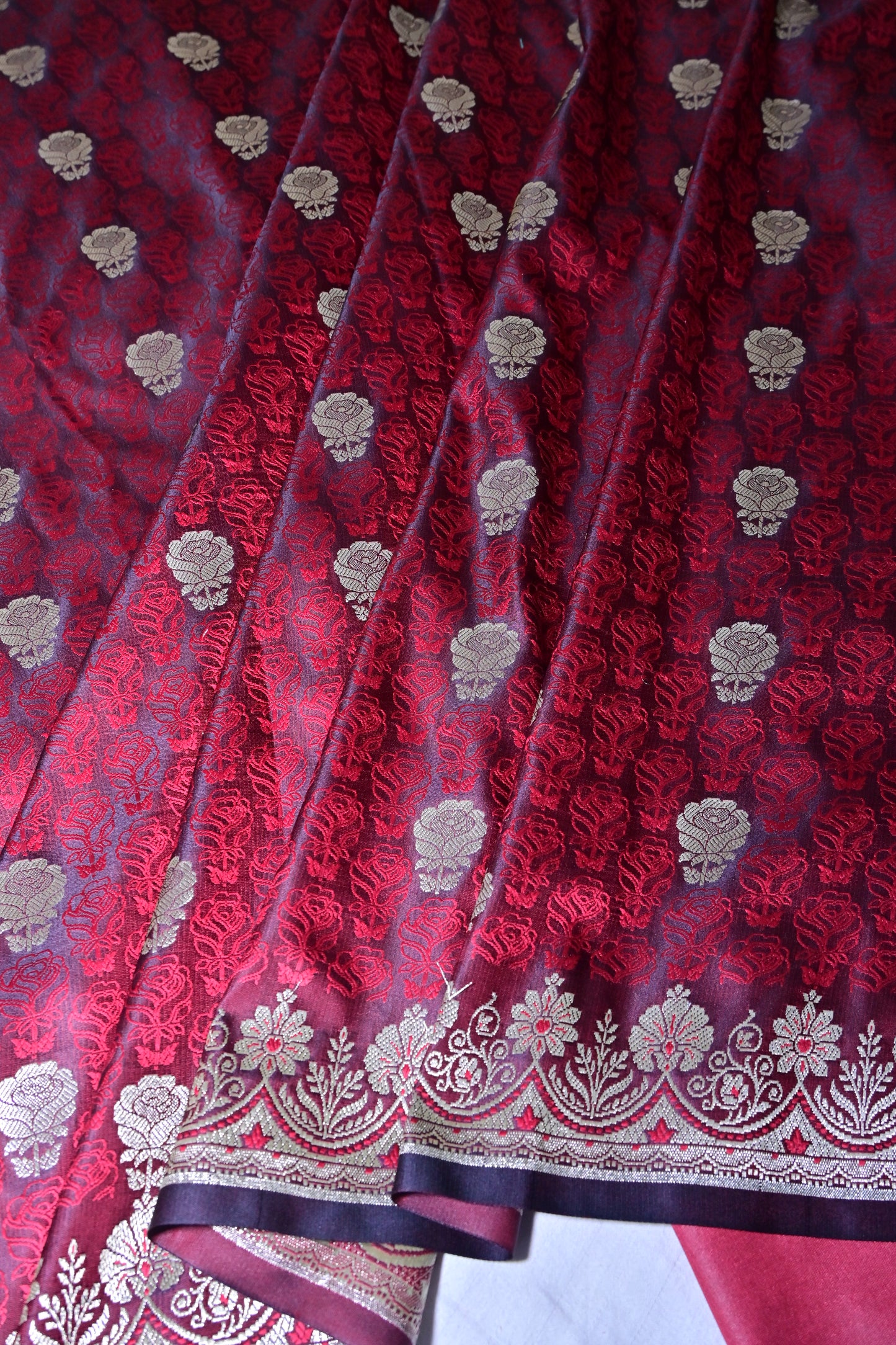 Premium Deep Wine Katan Banarasi Silk Saree with Silver Zari Floral Buta – Traditional Wedding & Festive Wear