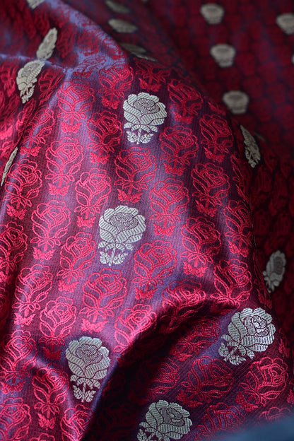 Premium Deep Wine Katan Banarasi Silk Saree with Silver Zari Floral Buta – Traditional Wedding & Festive Wear