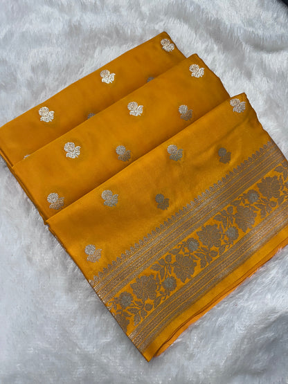 Premium Yellow Banarasi Silk Saree With Rich Gold & Silver Double Zari Weaving
