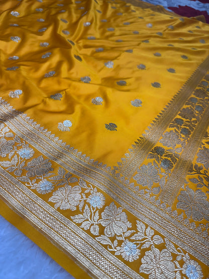 Premium Yellow Banarasi Silk Saree With Rich Gold & Silver Double Zari Weaving