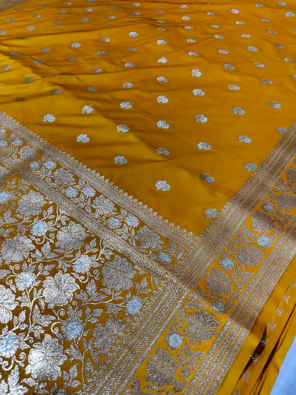 Premium Yellow Banarasi Silk Saree With Rich Gold & Silver Double Zari Weaving