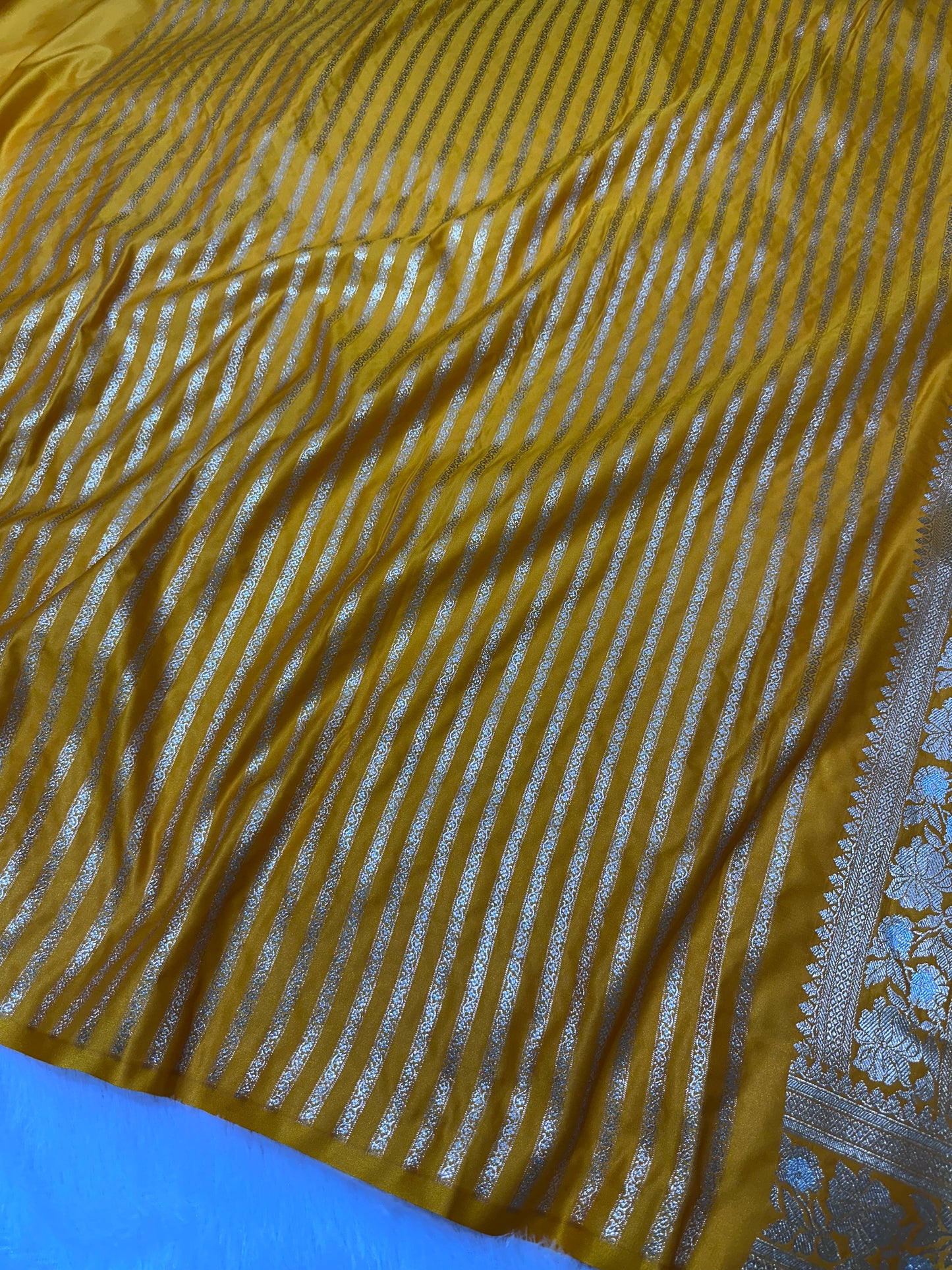 Premium Yellow Banarasi Silk Saree With Rich Gold & Silver Double Zari Weaving