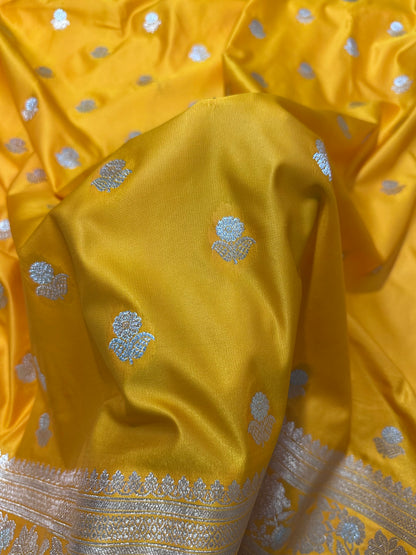 Premium Yellow Banarasi Silk Saree With Rich Gold & Silver Double Zari Weaving