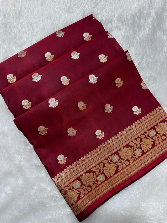 Premium Maroon Banarasi Silk Saree With Rich Gold & Silver Double Zari Weaving