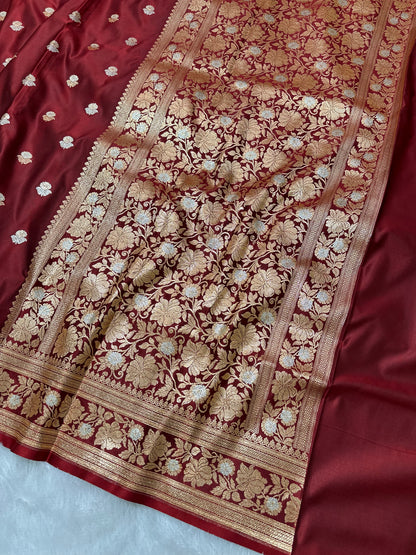 Premium Maroon Banarasi Silk Saree With Rich Gold & Silver Double Zari Weaving