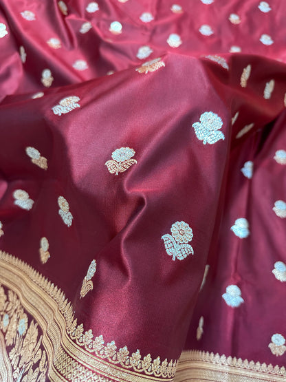 Premium Maroon Banarasi Silk Saree With Rich Gold & Silver Double Zari Weaving