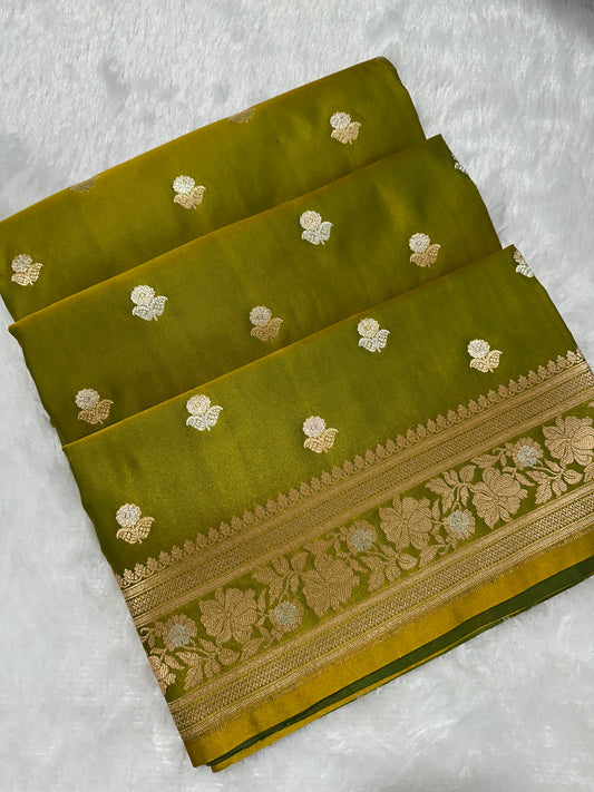 Premium Moss Green Banarasi Silk Saree With Rich Gold & Silver Double Zari Weaving