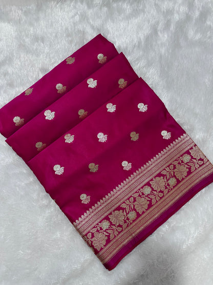 Premium Rani Pink Banarasi Silk Saree With Rich Gold & Silver Double Zari Weaving