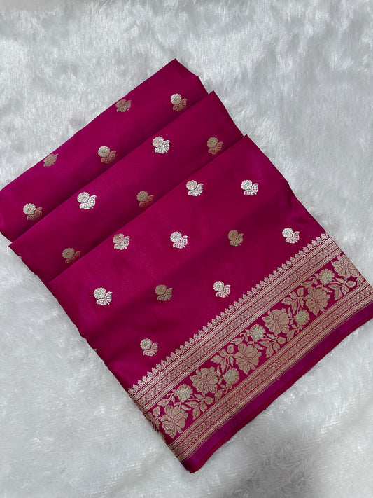 Premium Rani Pink Banarasi Silk Saree With Rich Gold & Silver Double Zari Weaving