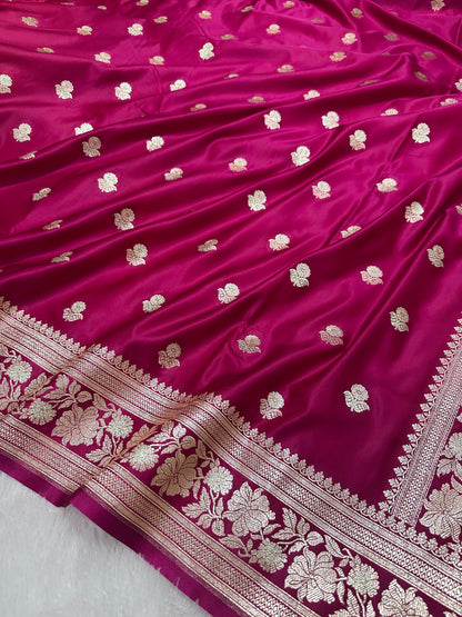 Premium Rani Pink Banarasi Silk Saree With Rich Gold & Silver Double Zari Weaving