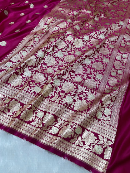 Premium Rani Pink Banarasi Silk Saree With Rich Gold & Silver Double Zari Weaving