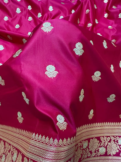 Premium Rani Pink Banarasi Silk Saree With Rich Gold & Silver Double Zari Weaving