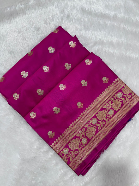 Premium Bright Pink Banarasi Silk Saree With Rich Gold & Silver Double Zari Weaving