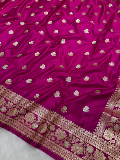 Premium Bright Pink Banarasi Silk Saree With Rich Gold & Silver Double Zari Weaving