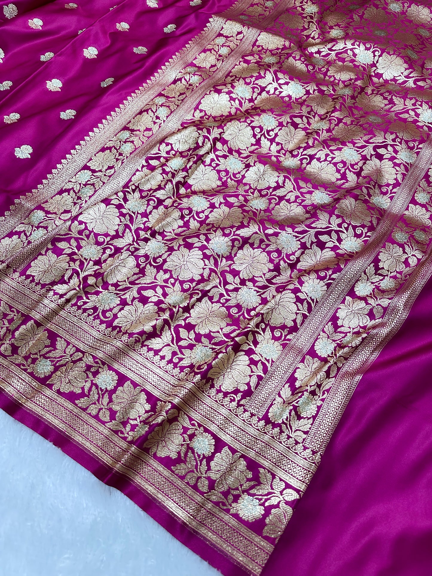 Premium Bright Pink Banarasi Silk Saree With Rich Gold & Silver Double Zari Weaving