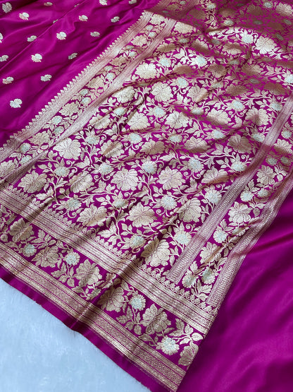 Premium Bright Pink Banarasi Silk Saree With Rich Gold & Silver Double Zari Weaving