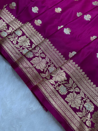 Premium Bright Pink Banarasi Silk Saree With Rich Gold & Silver Double Zari Weaving