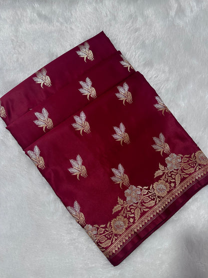 Premium Dark Maroon Banarasi Silk Saree With Rich Gold & Silver Double Zari Weaving