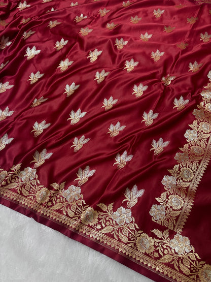 Premium Dark Maroon Banarasi Silk Saree With Rich Gold & Silver Double Zari Weaving