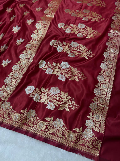 Premium Dark Maroon Banarasi Silk Saree With Rich Gold & Silver Double Zari Weaving