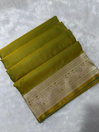 Luxury Mehendi Green Plain Silk Saree With Rich Banarasi Border