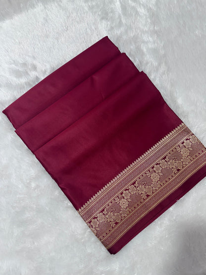 Luxury Burgundy Plain Silk Saree With Rich Banarasi Border