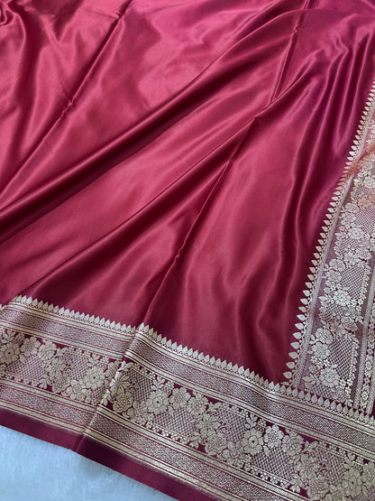 Luxury Burgundy Plain Silk Saree With Rich Banarasi Border
