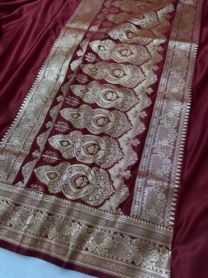 Luxury Burgundy Plain Silk Saree With Rich Banarasi Border