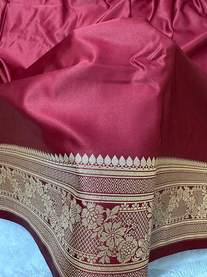 Luxury Burgundy Plain Silk Saree With Rich Banarasi Border