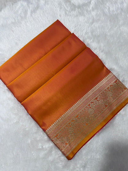 Luxury Rust Orange Plain Silk Saree With Rich Banarasi Border