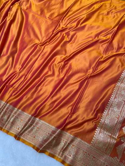 Luxury Rust Orange Plain Silk Saree With Rich Banarasi Border