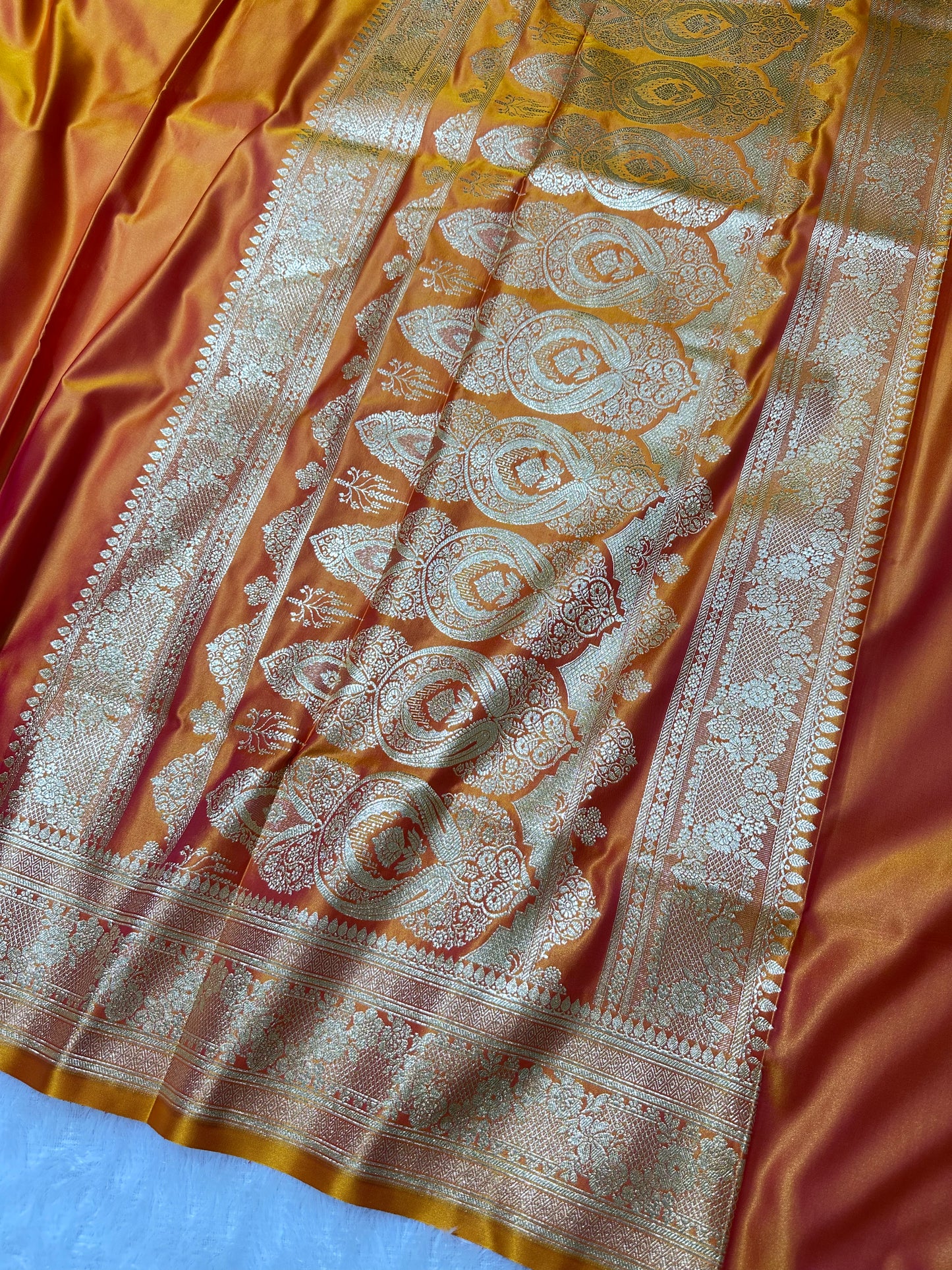 Luxury Rust Orange Plain Silk Saree With Rich Banarasi Border
