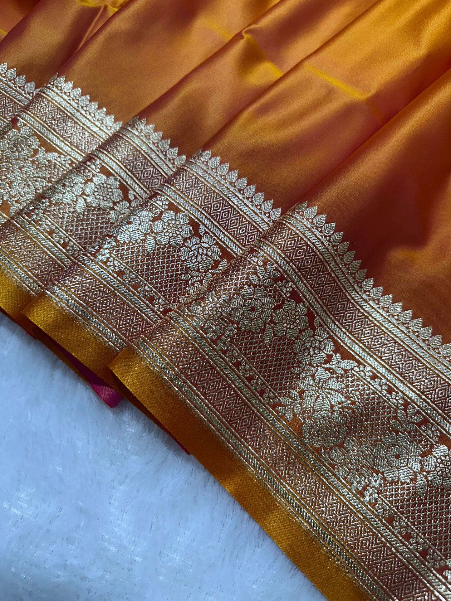 Luxury Rust Orange Plain Silk Saree With Rich Banarasi Border