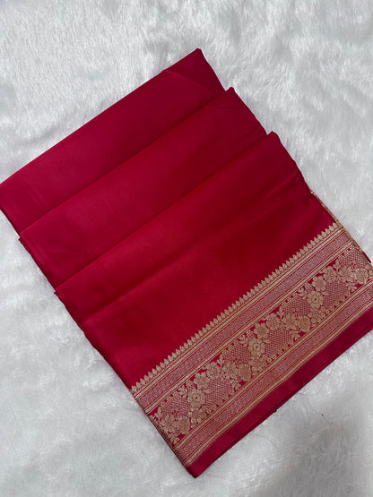 Luxury Ruby Red Plain Silk Saree With Rich Banarasi Border
