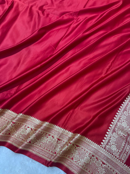 Luxury Ruby Red Plain Silk Saree With Rich Banarasi Border
