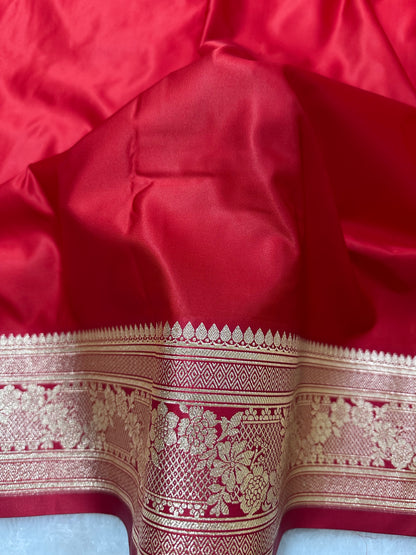 Luxury Ruby Red Plain Silk Saree With Rich Banarasi Border