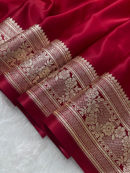 Luxury Ruby Red Plain Silk Saree With Rich Banarasi Border