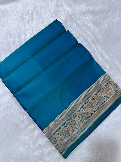 Luxury Peacock Blue Plain Silk Saree With Rich Banarasi Border