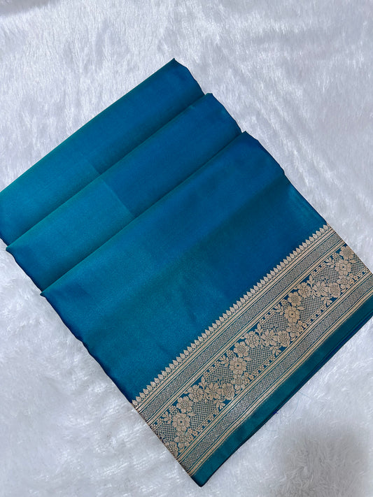 Luxury Peacock Blue Plain Silk Saree With Rich Banarasi Border