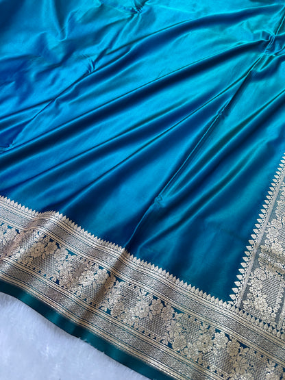 Luxury Peacock Blue Plain Silk Saree With Rich Banarasi Border
