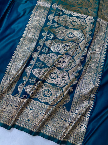 Luxury Peacock Blue Plain Silk Saree With Rich Banarasi Border