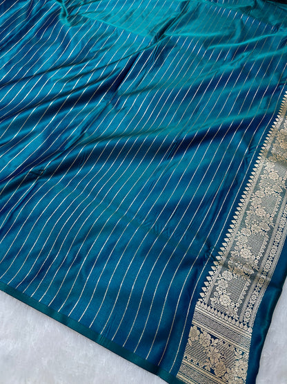 Luxury Peacock Blue Plain Silk Saree With Rich Banarasi Border