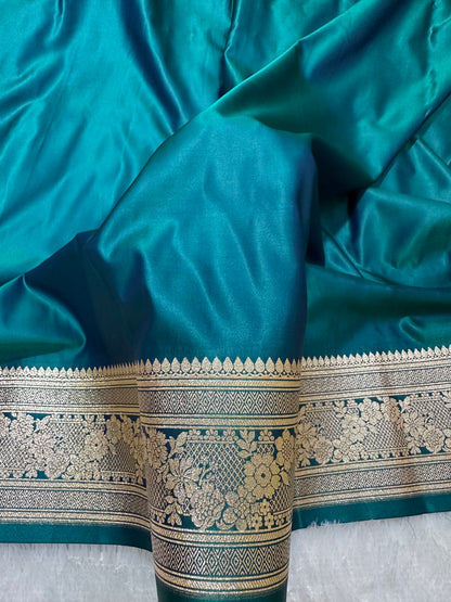 Luxury Peacock Blue Plain Silk Saree With Rich Banarasi Border
