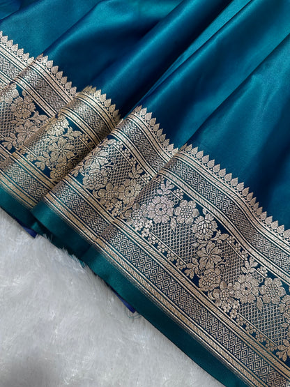 Luxury Peacock Blue Plain Silk Saree With Rich Banarasi Border