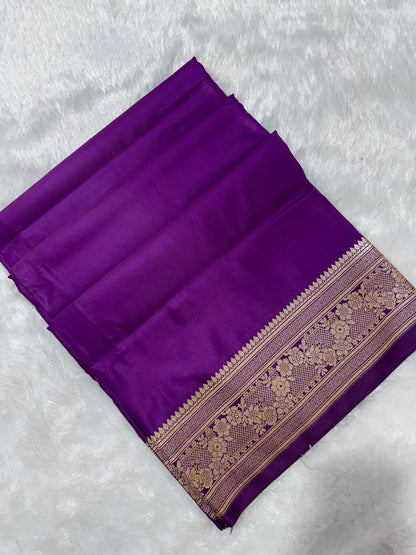 Luxury Violet Plain Silk Saree With Rich Banarasi Border