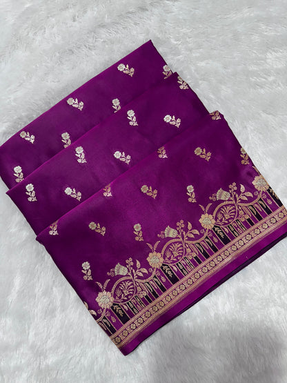 Premium Royal Purple Banarasi Silk Saree With Elegant Double Zari Buti Border
