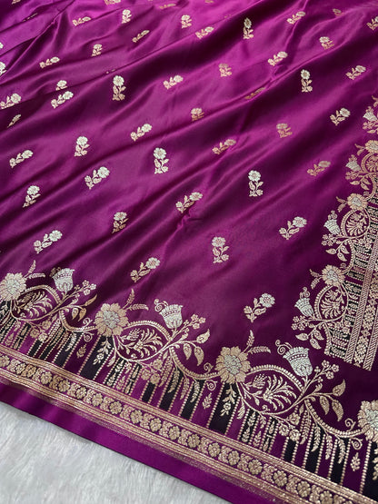 Premium Royal Purple Banarasi Silk Saree With Elegant Double Zari Buti Border