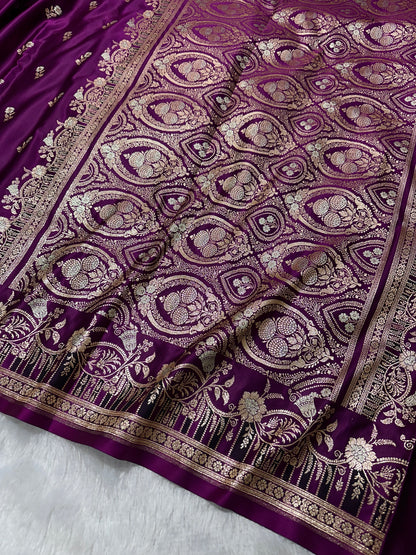 Premium Royal Purple Banarasi Silk Saree With Elegant Double Zari Buti Border